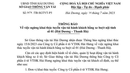 Dừng hoạt động tuyến buýt nội tỉnh số 01 Hải Dương - Thanh Hà từ ngày 20/7